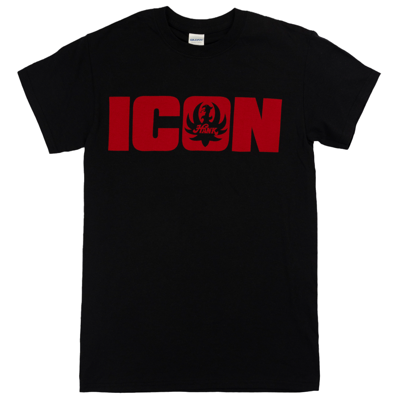 Black t-shirt with ’ICON’ printed in red letters on the front.