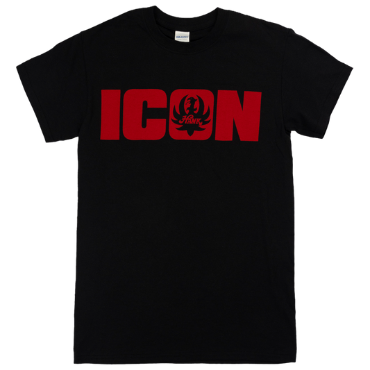 Black t-shirt with ’ICON’ printed in red letters on the front.