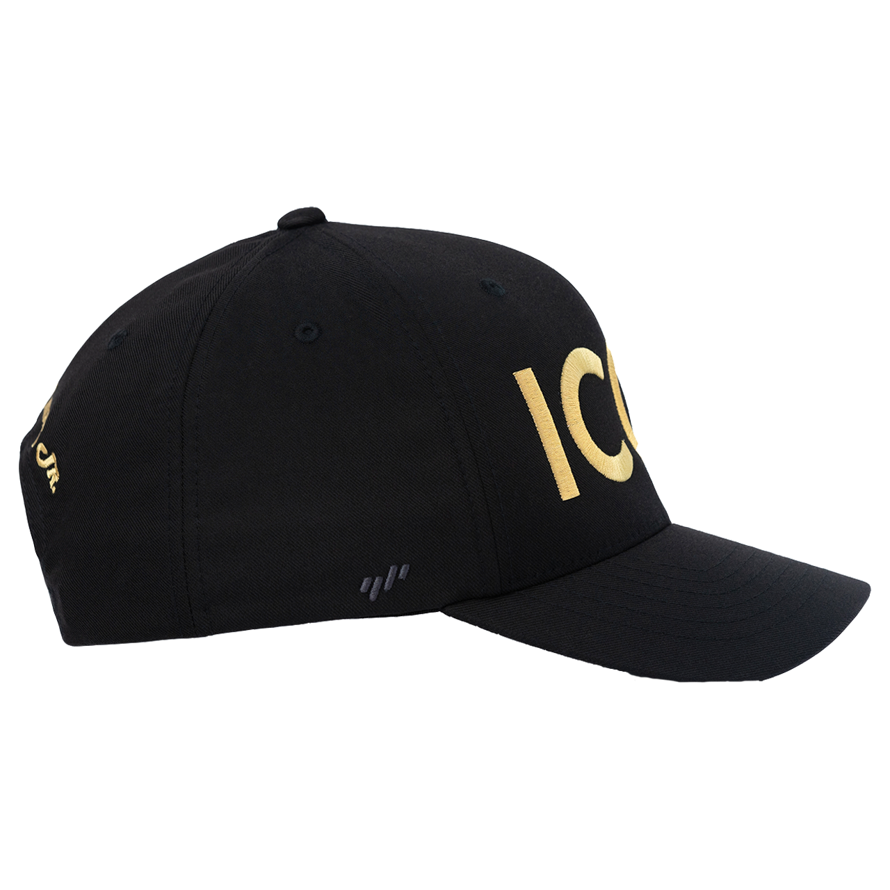 Black baseball cap with gold ’ICO’ lettering on the side.