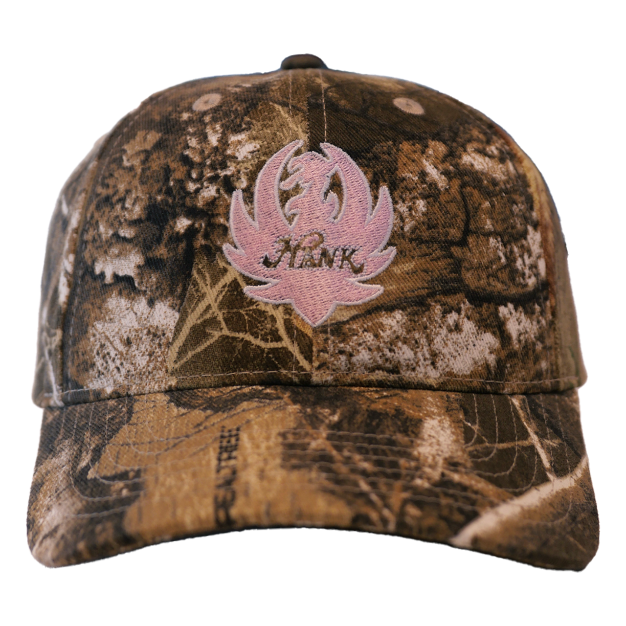 Camouflage baseball cap with pink logo.