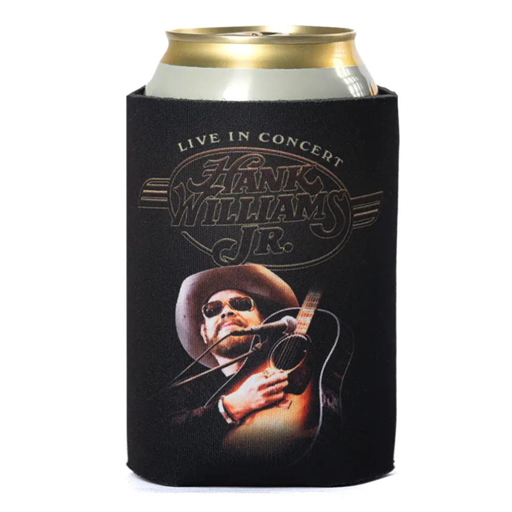 Black can cooler featuring Hank Williams Jr. concert artwork.