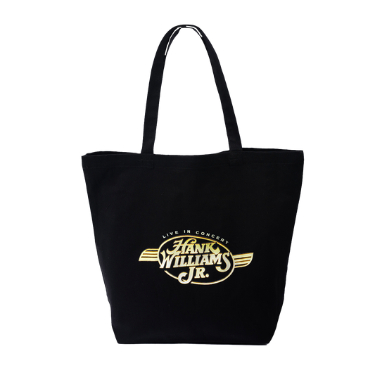 Black tote bag with a Hank Williams Jr. logo printed on it.