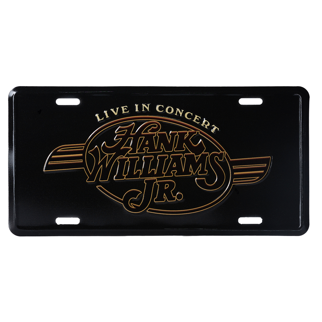 License plate featuring ’Hank Williams Jr. Live in Concert’ logo in gold lettering on a black background.