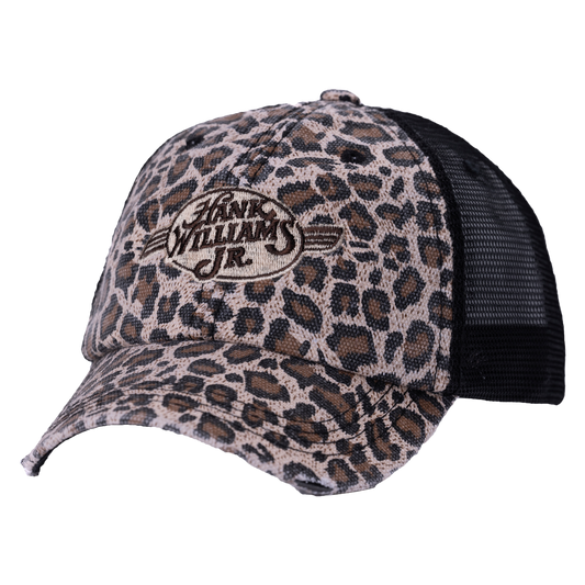 Leopard-print trucker hat with a black mesh back and a logo patch.