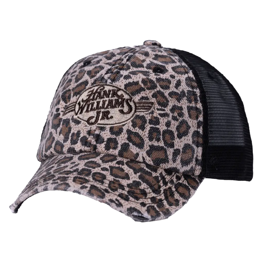 Leopard-print trucker hat with a black mesh back and a logo patch.