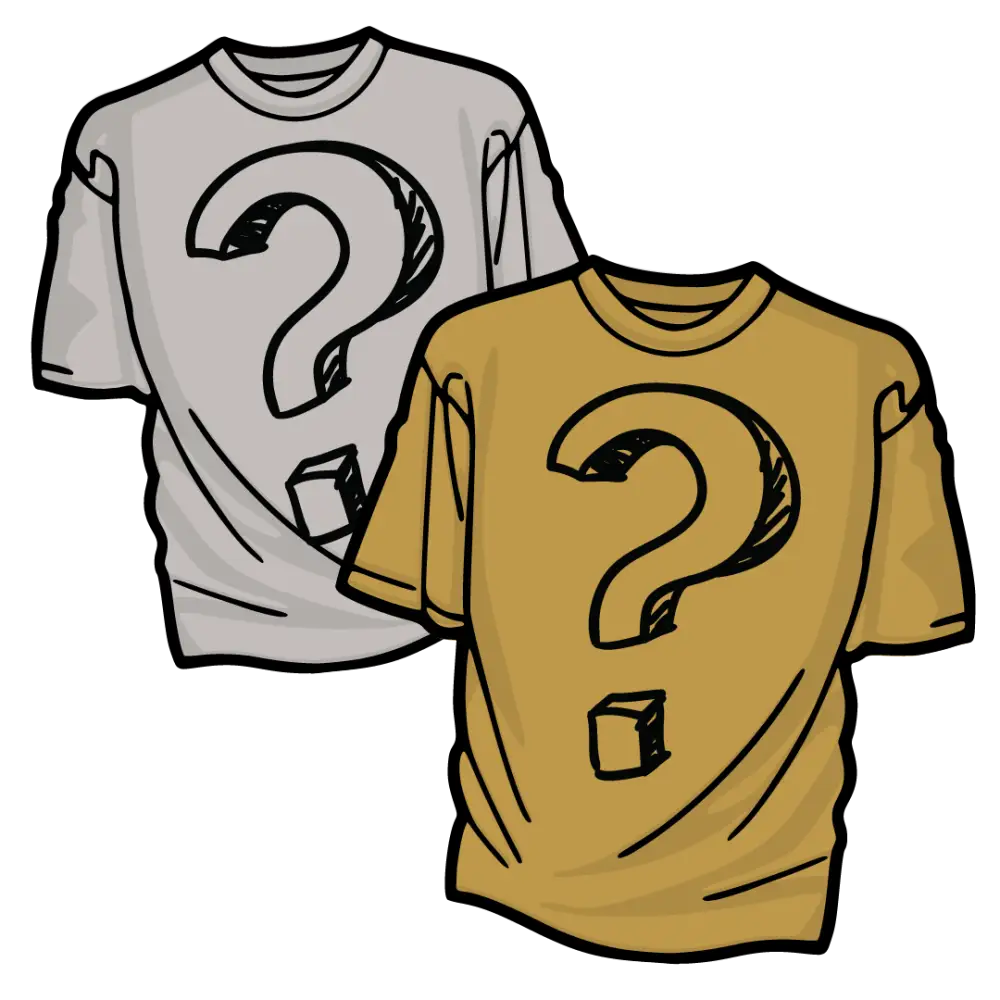 Two t-shirts with question mark designs on the front.