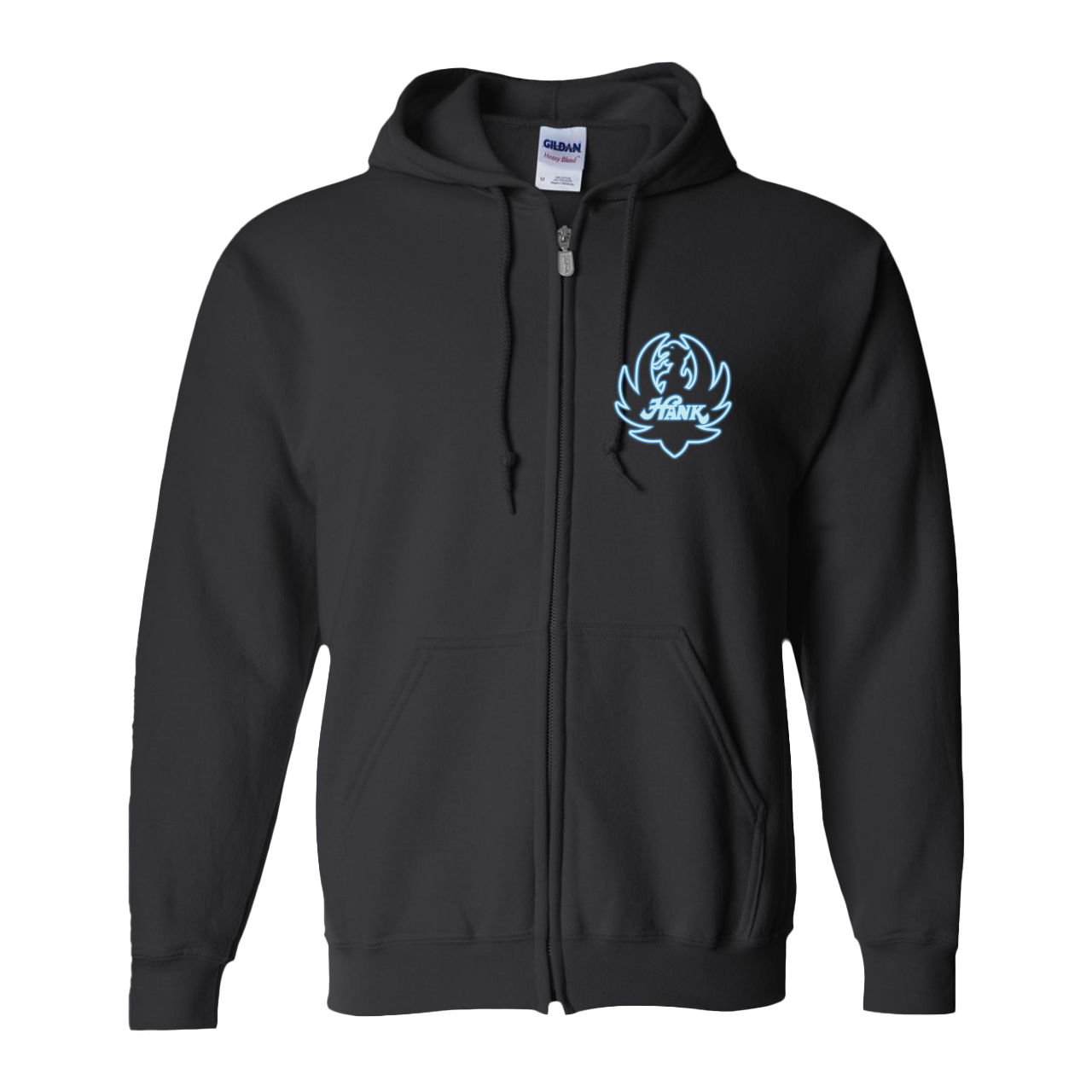 Black zip-up hoodie with a light blue logo on the chest.