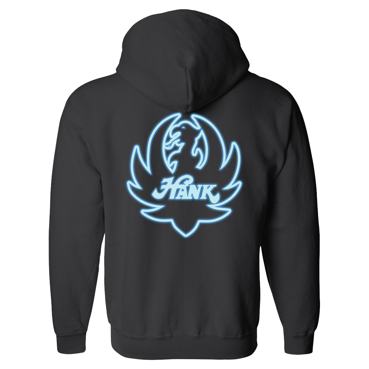 Black hoodie with a glowing blue ’Hank’ logo featuring stylized wings or flames.