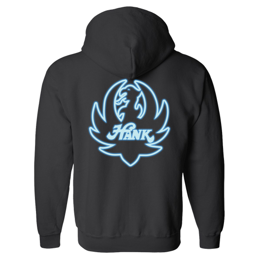 Black hoodie with a glowing blue ’Hank’ logo featuring stylized wings or flames.