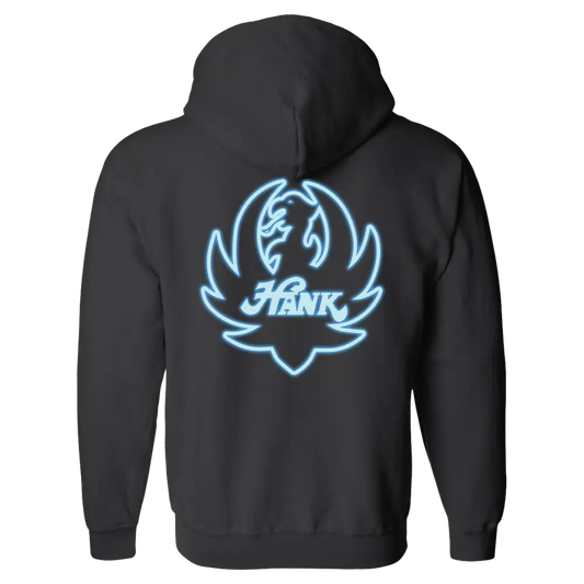 Black hoodie with a glowing blue ’Hank’ logo featuring stylized wings or flames.