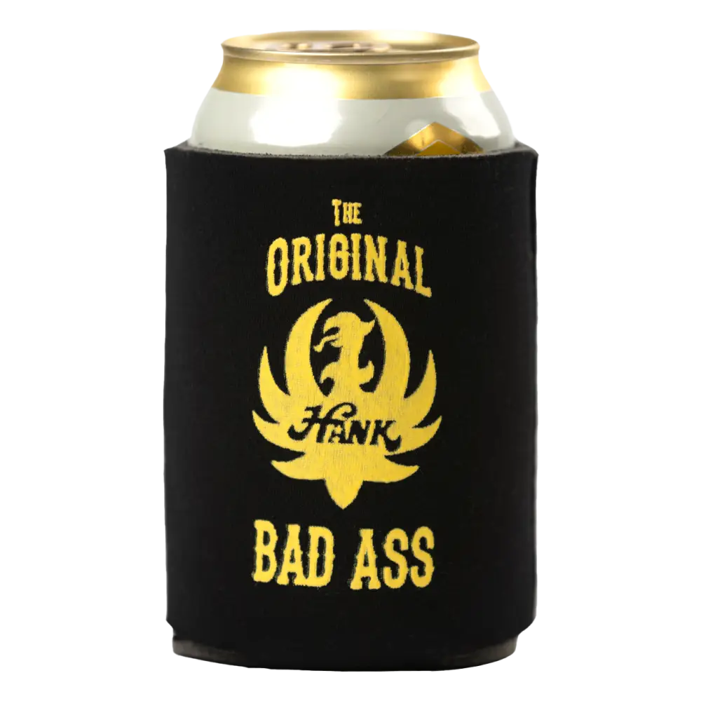 Black drink koozie with yellow ’The Original Bad Ass’ text and logo.