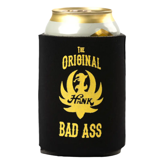 Black drink koozie with yellow ’The Original Bad Ass’ text and logo.