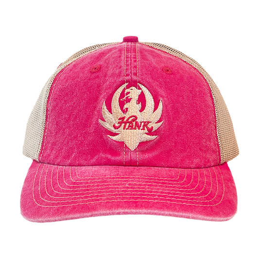 Pink and beige trucker-style baseball cap with a Hank logo embroidered on the front.