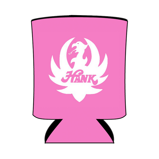 Pink can cooler with white logo.