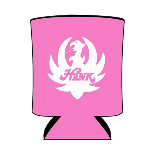 Pink can cooler with white logo.