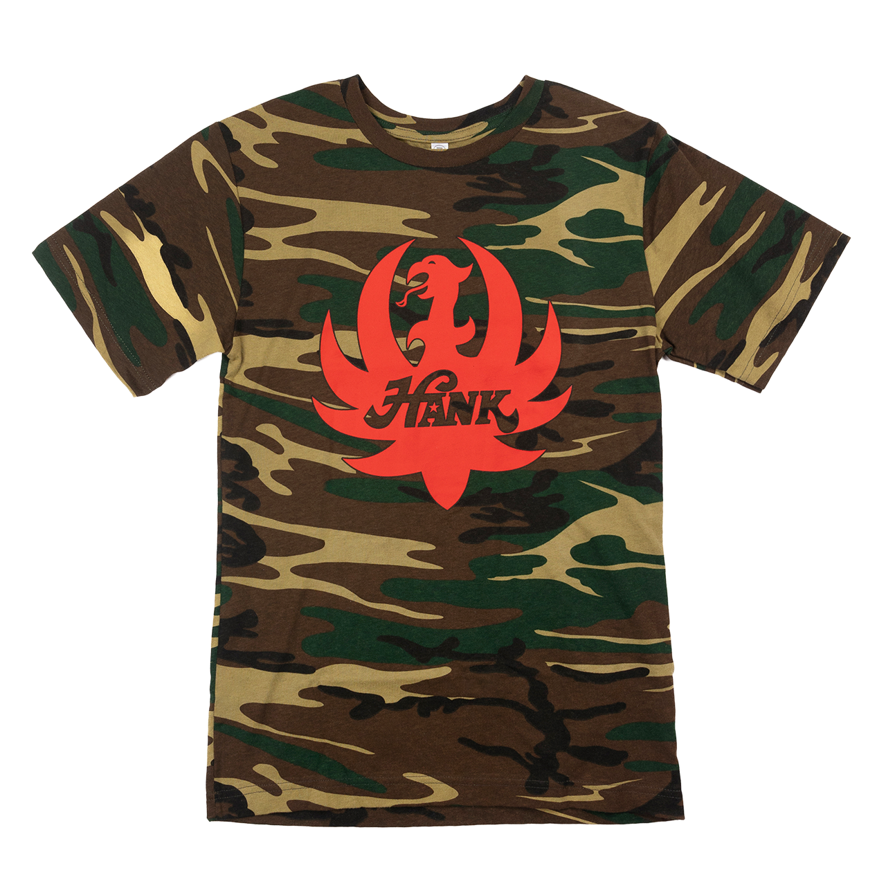 Camouflage t-shirt with a red Hank logo featuring a stylized bird or phoenix design.