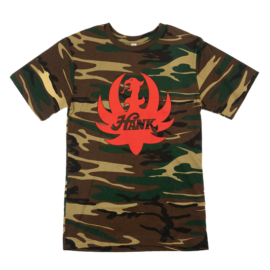 Camouflage t-shirt with a red Hank logo featuring a stylized bird or phoenix design.