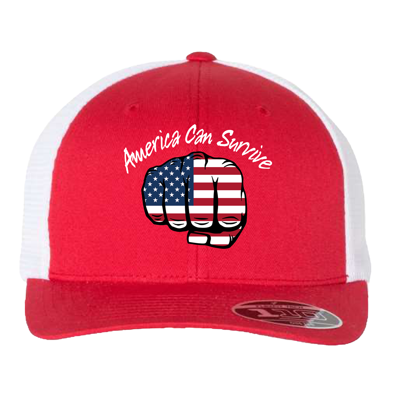 Red and white trucker-style baseball cap with an American flag fist design and ’America Can Survive’ text.