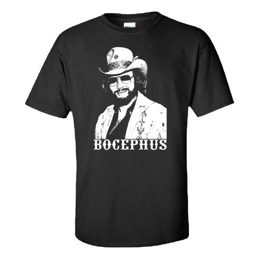 Black t-shirt featuring a white graphic portrait of a man in a cowboy hat with the text ’BOCEPHUS’ underneath.