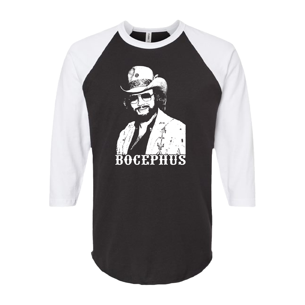 Baseball-style t-shirt with a portrait and ’BOCEPHUS’ text on the front.