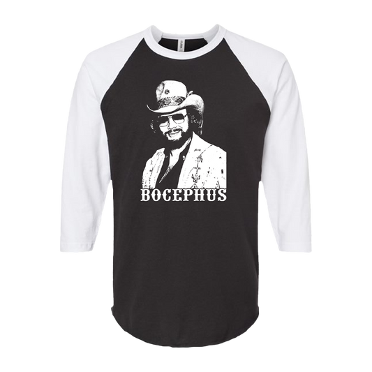 Baseball-style t-shirt with a portrait and ’BOCEPHUS’ text on the front.