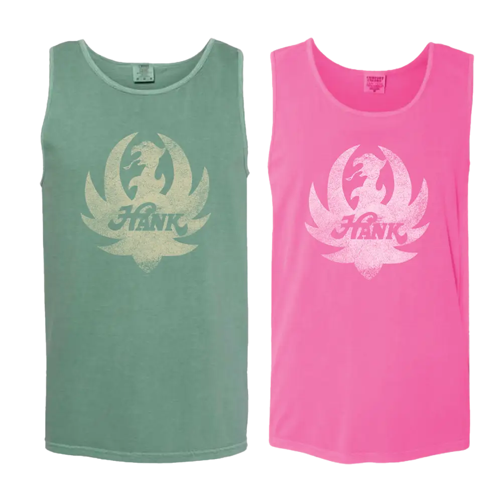 Two sleeveless tank tops, one green and one pink, with a logo design on the front.