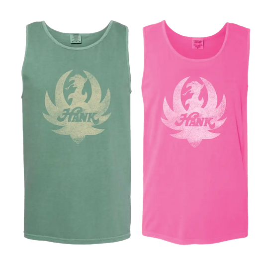 Two sleeveless tank tops, one green and one pink, with a logo design on the front.