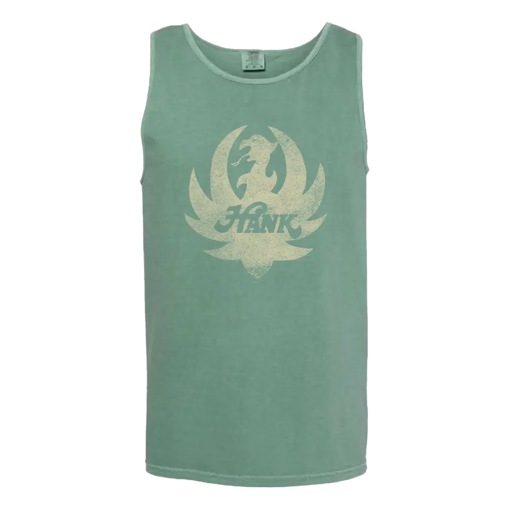 Mint green tank top with a faded logo design on the front.