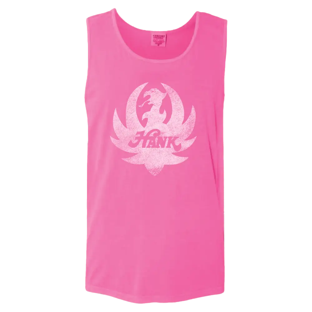 Bright pink sleeveless tank top with a faded logo design.