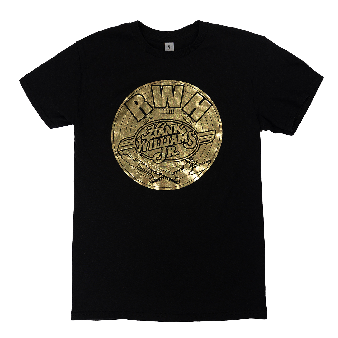 Black t-shirt with a gold circular logo design featuring ’RWB’ text and ’Hank Williams Jr.’ branding.