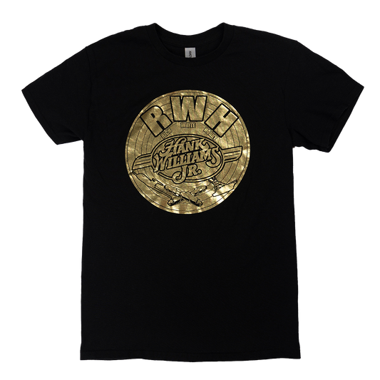 Black t-shirt with a gold circular logo design featuring ’RWB’ text and ’Hank Williams Jr.’ branding.