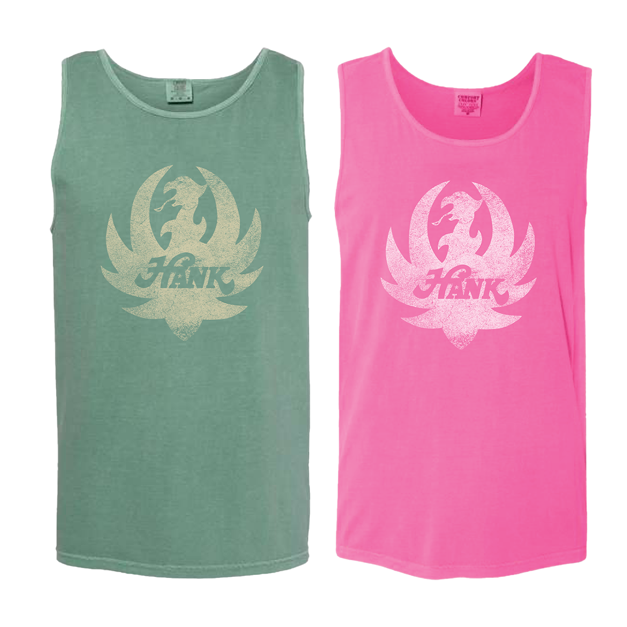 Two sleeveless tank tops, one green and one pink, with a logo design on the front.