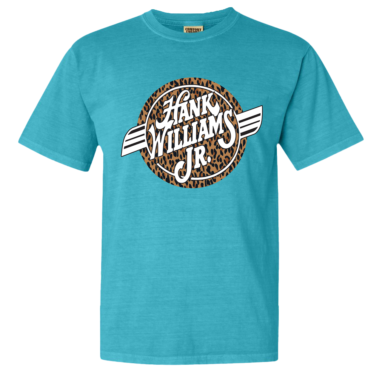 Teal t-shirt featuring a Hank Williams Jr. logo with leopard print design.