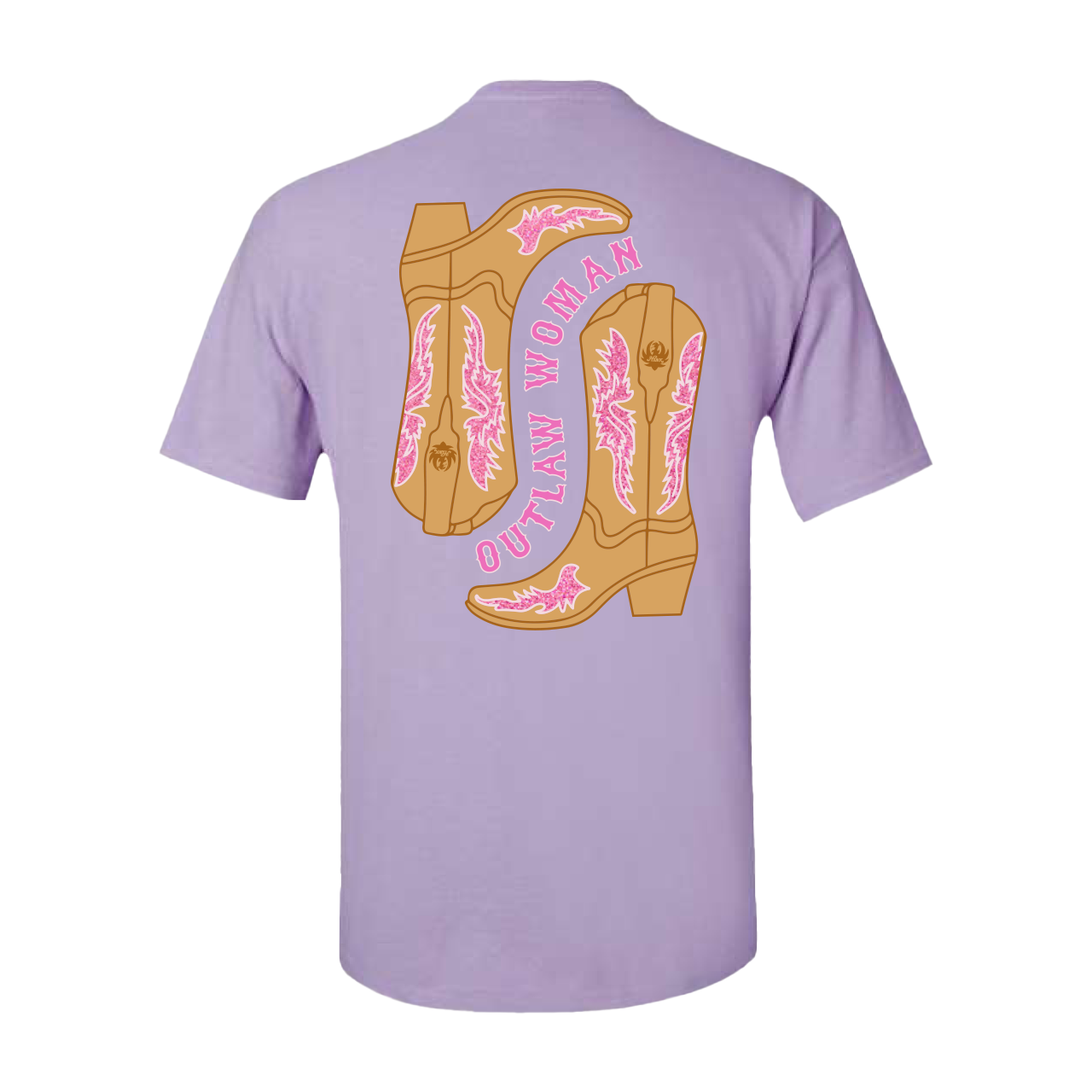 Lavender t-shirt with a graphic design of two cowboy boots on the back.