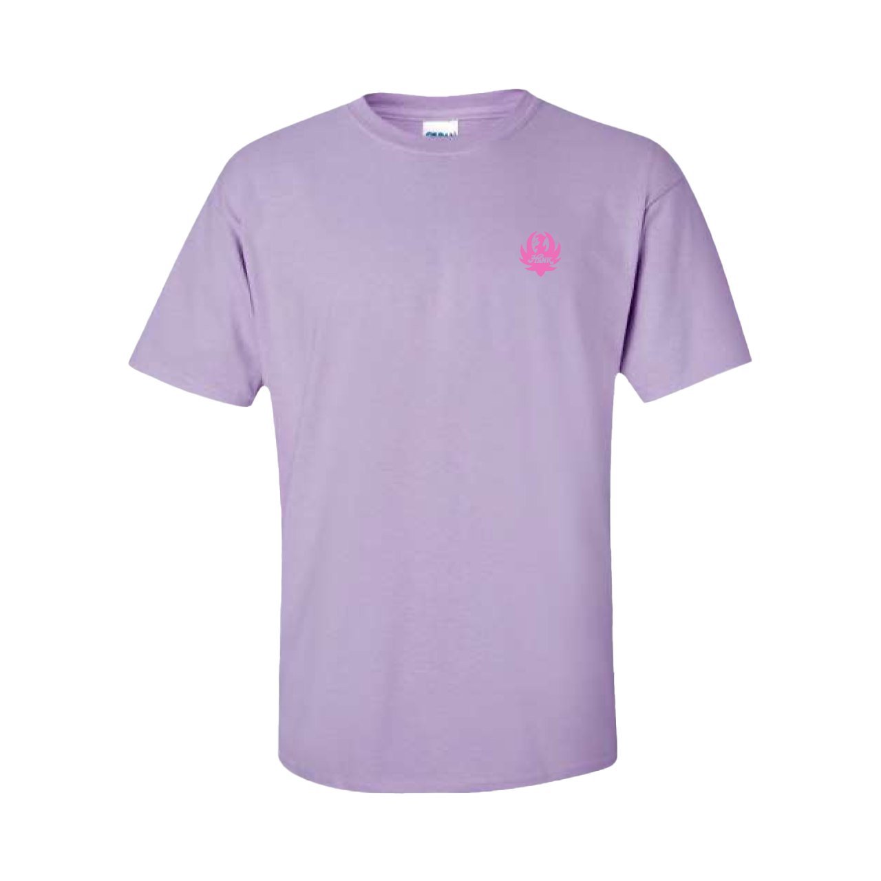 Lavender t-shirt with a small pink logo on the chest.