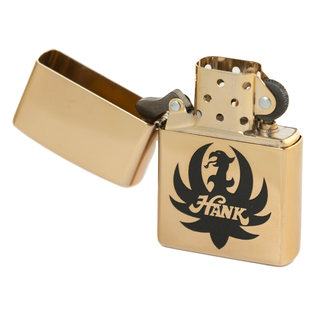 Gold-colored metal lighter with a ’Hank’ logo engraved on its side.