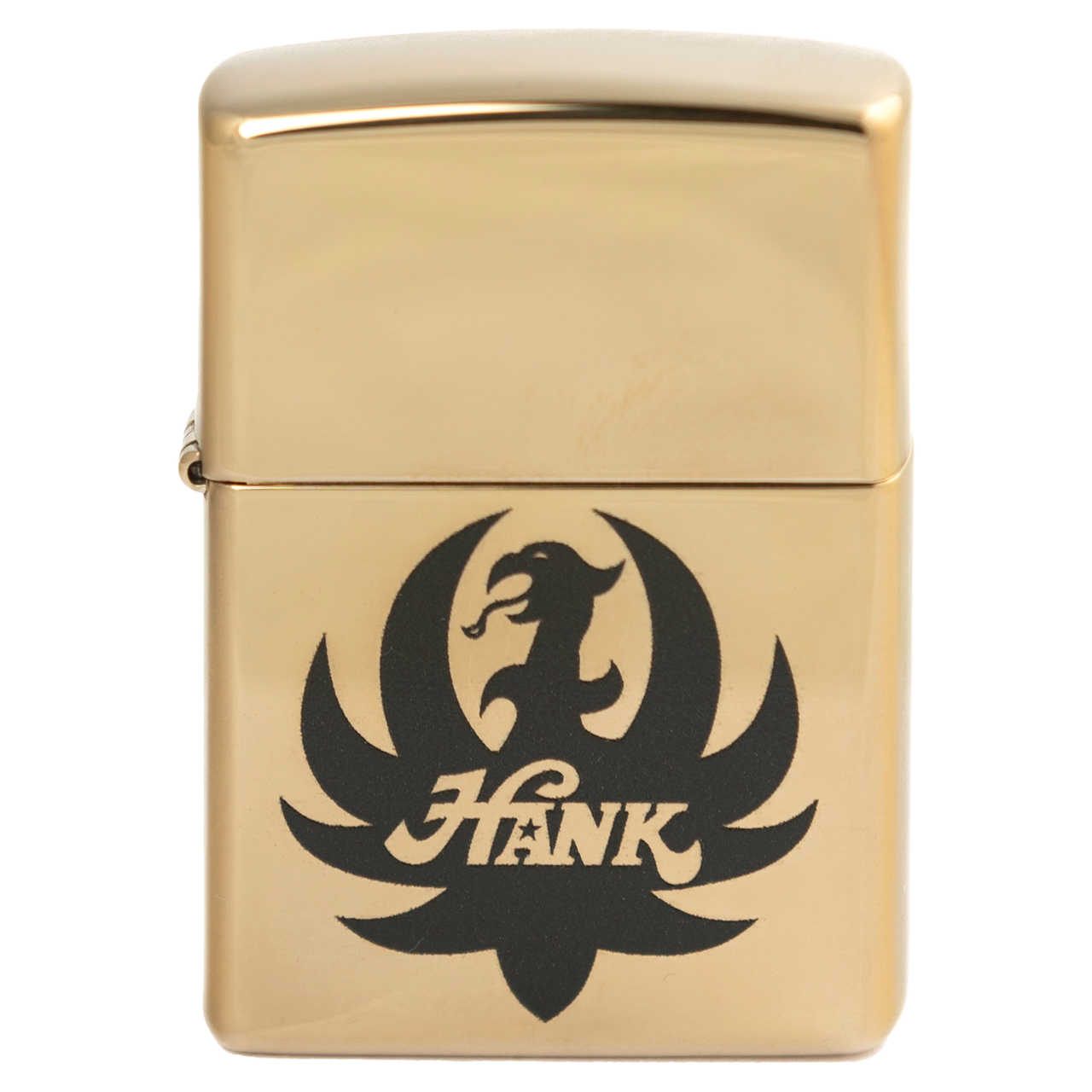 Gold-colored Zippo lighter with a black eagle logo and the name ’Hank’ engraved on it.